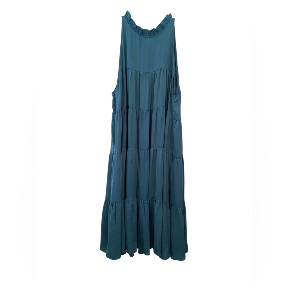 mittoshop Women’s Tiered Sleeveless Dress Ruffle Neck Teal Size Medium Flowy